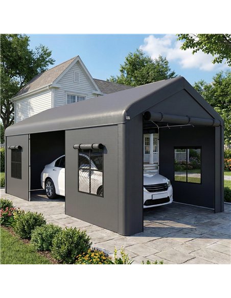 Outsunny 3 x 6 m Heavy Duty Carport, Portable Garage Car Canopy Tent with Galvanised Frame, Doors, Windows, Dark Grey - pic 186009 | FastDaddyshop