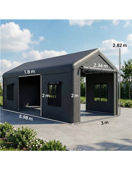 Outsunny 3 x 6 m Heavy Duty Carport, Portable Garage Car Canopy Tent with Galvanised Frame, Doors, Windows, Dark Grey - pic 186010 | FastDaddyshop