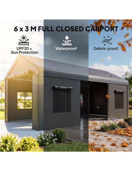 Outsunny 3 x 6 m Heavy Duty Carport, Portable Garage Car Canopy Tent with Galvanised Frame, Doors, Windows, Dark Grey - pic 186011 | FastDaddyshop