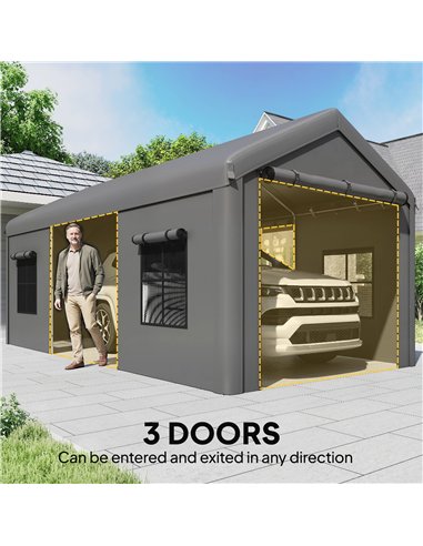 Outsunny 3 x 6 m Heavy Duty Carport, Portable Garage Car Canopy Tent with Galvanised Frame, Doors, Windows, Dark Grey