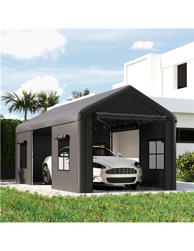 Outsunny 3 x 6 m Heavy Duty Carport, Portable Garage Car Canopy Tent with Galvanised Frame, Doors, Windows, Dark Grey