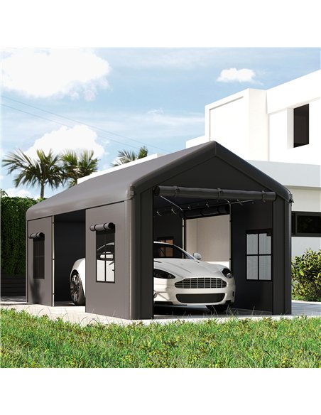 Outsunny 3 x 6 m Heavy Duty Carport, Portable Garage Car Canopy Tent with Galvanised Frame, Doors, Windows, Dark Grey - pic 186015 | FastDaddyshop