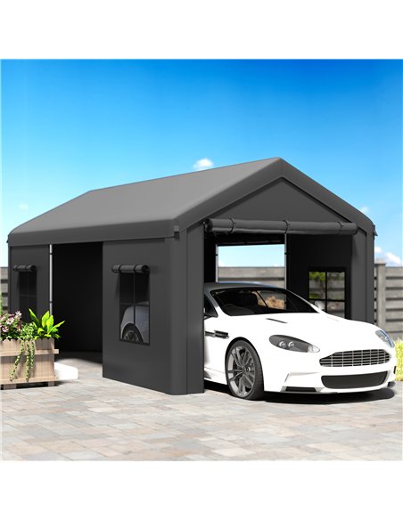 Outsunny 3 x 6 m Heavy Duty Carport, Portable Garage Car Canopy Tent with Galvanised Frame, Doors, Windows, Dark Grey - pic 186016 | FastDaddyshop