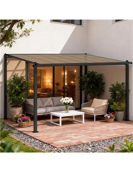 Outsunny 3.6 x 3 m Lean to Garden Pergola with PC Roof, Aluminium Frame Hardtop Gazebo Pergola with Drainage Gutters, Dark Grey - pic 186027 | FastDaddyshop