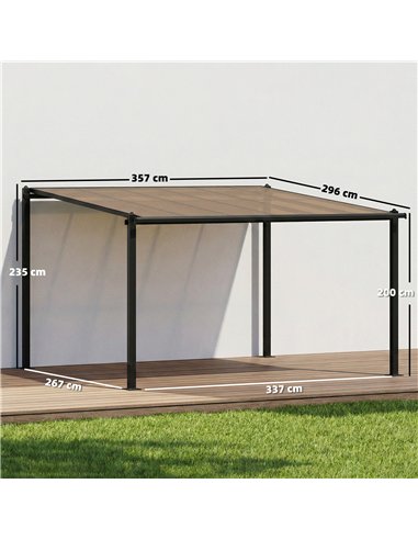 Outsunny 3.6 x 3 m Lean to Garden Pergola with PC Roof, Aluminium Frame Hardtop Gazebo Pergola with Drainage Gutters, Dark Grey