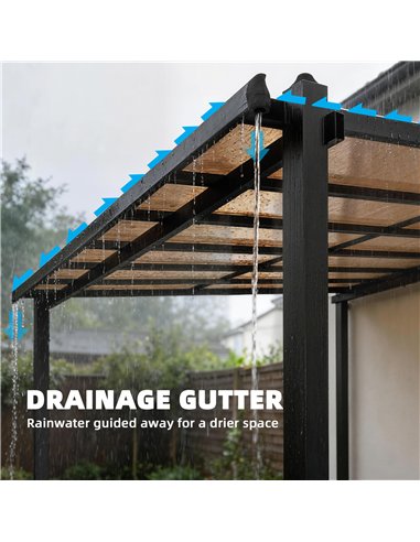 Outsunny 3.6 x 3 m Lean to Garden Pergola with PC Roof, Aluminium Frame Hardtop Gazebo Pergola with Drainage Gutters, Dark Grey