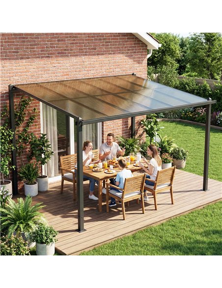 Outsunny 3.6 x 3 m Lean to Garden Pergola with PC Roof, Aluminium Frame Hardtop Gazebo Pergola with Drainage Gutters, Dark Grey - pic 186034 | FastDaddyshop