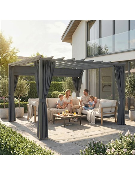 Outsunny 3.6 x 3 m Pergola with Retractable Roof Canopy, Curtains, Aluminium Garden Pergola Gazebo Sun Shade Shelter, Dark Grey - pic 186054 | FastDaddyshop