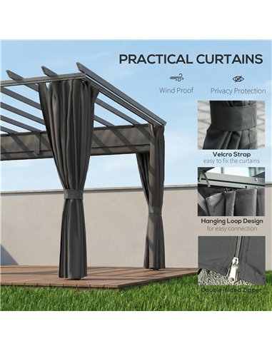 Outsunny 3.6 x 3 m Pergola with Retractable Roof Canopy, Curtains, Aluminium Garden Pergola Gazebo Sun Shade Shelter, Dark Grey
