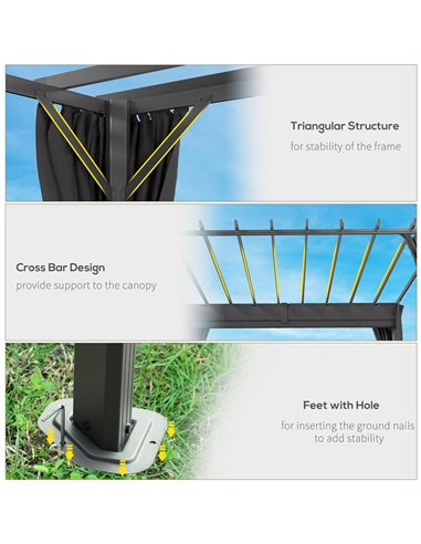 Outsunny 3.6 x 3 m Pergola with Retractable Roof Canopy, Curtains, Aluminium Garden Pergola Gazebo Sun Shade Shelter, Dark Grey