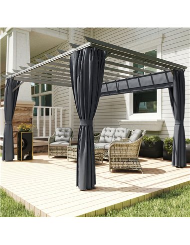 Outsunny 3.6 x 3 m Pergola with Retractable Roof Canopy, Curtains, Aluminium Garden Pergola Gazebo Sun Shade Shelter, Dark Grey