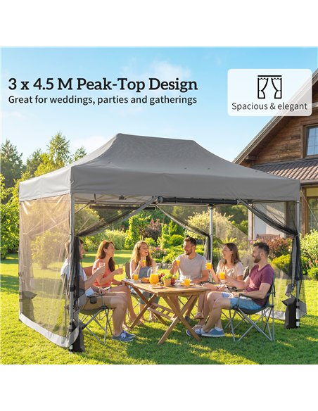 Outsunny 3 x 4.5 m Pop Up Gazebo with Mesh Nettings, UPF50+ Heavy Duty Outdoor Garden Party Tent Marquee, Dark Grey - pic 186065 | FastDaddyshop