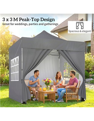 Outsunny 3 x 3 m Pop Up Gazebo with Sidewalls, UPF50+ Heavy Duty Garden Party Tent Marquee with Wheeled Carry Bag, Dark Grey
