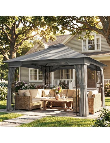 Outsunny 3.3 x 3.3 m Outdoor Garden Gazebo with Post Shelves, UPF50+ Patio Permanent Pavilion with Hook, Dark Grey