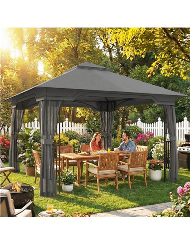Outsunny 3.3 x 3.3 m Outdoor Garden Gazebo with Post Shelves, UPF50+ Patio Permanent Pavilion with Hook, Dark Grey