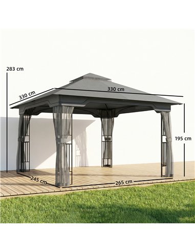 Outsunny 3.3 x 3.3 m Outdoor Garden Gazebo with Post Shelves, UPF50+ Patio Permanent Pavilion with Hook, Dark Grey