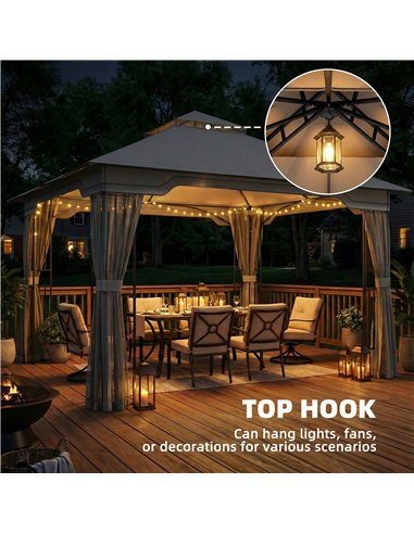 Outsunny 3.3 x 3.3 m Outdoor Garden Gazebo with Post Shelves, UPF50+ Patio Permanent Pavilion with Hook, Dark Grey