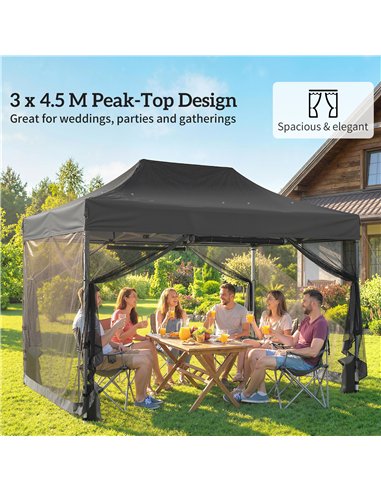 Outsunny 3 x 4.5 m Pop Up Gazebo with Mesh Nettings, UPF50+ Heavy Duty Outdoor Garden Party Tent Marquee, Black