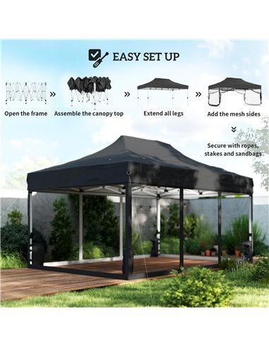 Outsunny 3 x 4.5 m Pop Up Gazebo with Mesh Nettings, UPF50+ Heavy Duty Outdoor Garden Party Tent Marquee, Black
