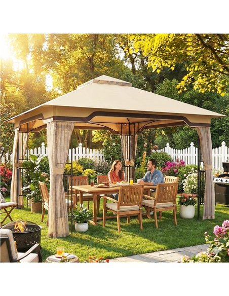 Outsunny 3.3 x 3.3 m Outdoor Garden Gazebo with Post Shelves, UPF50+ Patio Permanent Pavilion with Hook, Khaki - pic 186189 | FastDaddyshop