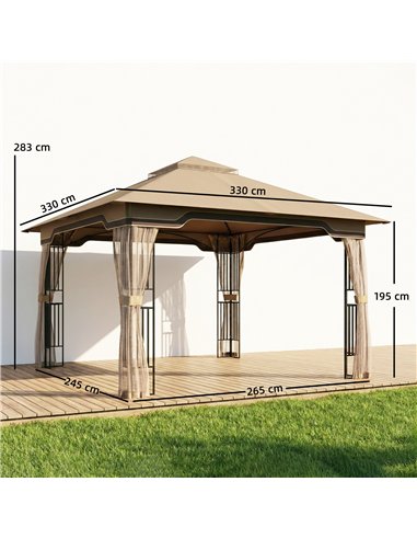 Outsunny 3.3 x 3.3 m Outdoor Garden Gazebo with Post Shelves, UPF50+ Patio Permanent Pavilion with Hook, Khaki
