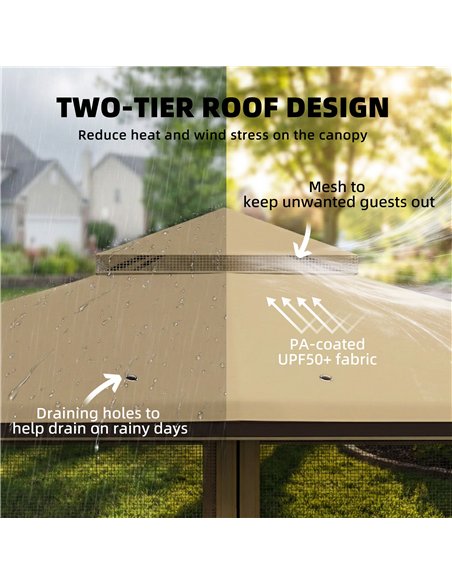 Outsunny 3.3 x 3.3 m Outdoor Garden Gazebo with Post Shelves, UPF50+ Patio Permanent Pavilion with Hook, Khaki - pic 186191 | FastDaddyshop