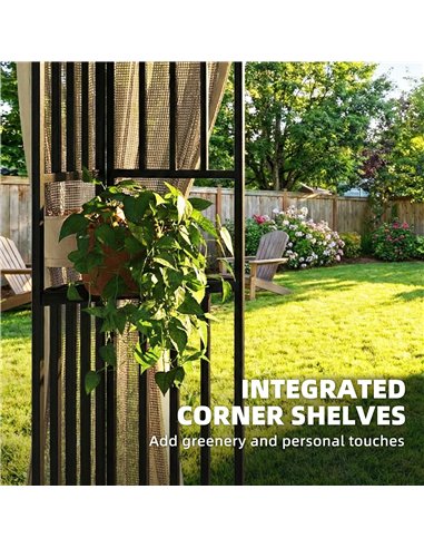 Outsunny 3.3 x 3.3 m Outdoor Garden Gazebo with Post Shelves, UPF50+ Patio Permanent Pavilion with Hook, Khaki