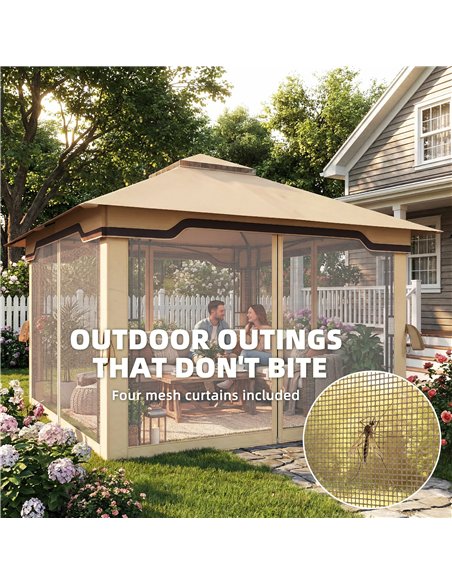 Outsunny 3.3 x 3.3 m Outdoor Garden Gazebo with Post Shelves, UPF50+ Patio Permanent Pavilion with Hook, Khaki - pic 186193 | FastDaddyshop