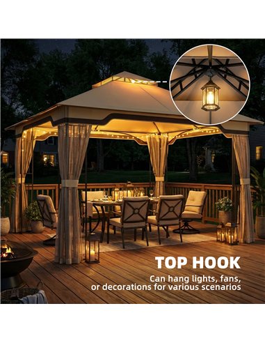 Outsunny 3.3 x 3.3 m Outdoor Garden Gazebo with Post Shelves, UPF50+ Patio Permanent Pavilion with Hook, Khaki