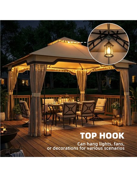 Outsunny 3.3 x 3.3 m Outdoor Garden Gazebo with Post Shelves, UPF50+ Patio Permanent Pavilion with Hook, Khaki - pic 186195 | FastDaddyshop