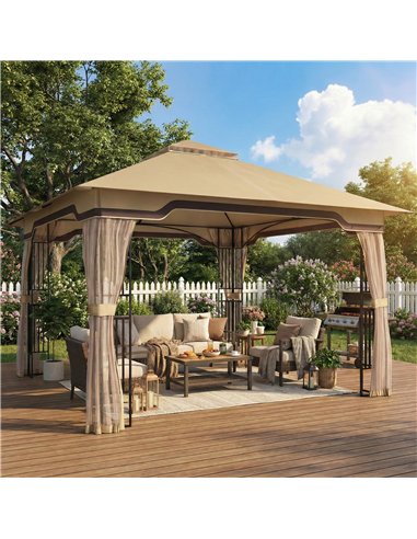 Outsunny 3.3 x 3.3 m Outdoor Garden Gazebo with Post Shelves, UPF50+ Patio Permanent Pavilion with Hook, Khaki