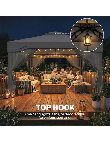 Outsunny 3 x 3.6 m Outdoor Garden Gazebo with Post Shelves, UPF50+ Patio Permanent Pavilion with Hook, Dark Grey