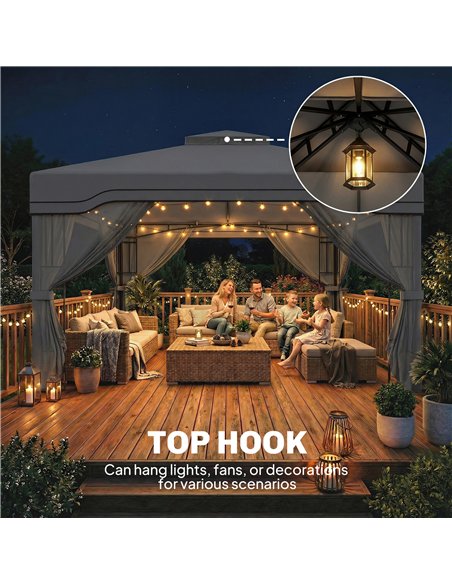 Outsunny 3 x 3.6 m Outdoor Garden Gazebo with Post Shelves, UPF50+ Patio Permanent Pavilion with Hook, Dark Grey - pic 186204 | FastDaddyshop