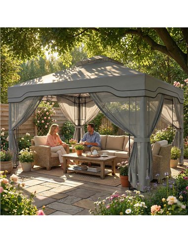 Outsunny 3 x 3.6 m Outdoor Garden Gazebo with Post Shelves, UPF50+ Patio Permanent Pavilion with Hook, Dark Grey