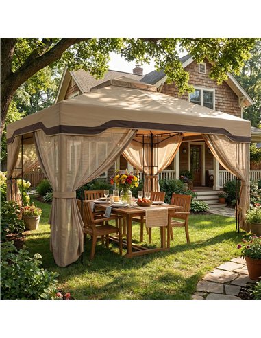 Outsunny 3 x 3.6 m Outdoor Garden Gazebo with Post Shelves, UPF50+ Patio Permanent Pavilion with Hook, Khaki
