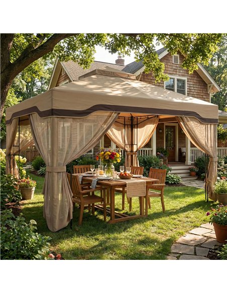 Outsunny 3 x 3.6 m Outdoor Garden Gazebo with Post Shelves, UPF50+ Patio Permanent Pavilion with Hook, Khaki - pic 186225 | FastDaddyshop