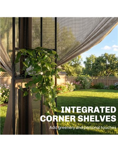 Outsunny 3 x 3.6 m Outdoor Garden Gazebo with Post Shelves, UPF50+ Patio Permanent Pavilion with Hook, Khaki
