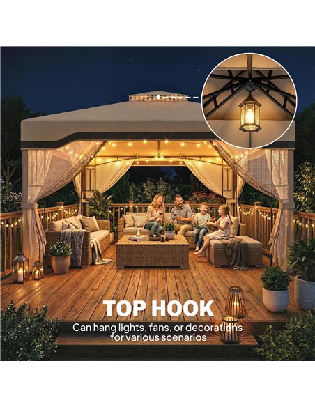 Outsunny 3 x 3.6 m Outdoor Garden Gazebo with Post Shelves, UPF50+ Patio Permanent Pavilion with Hook, Khaki - pic 186231 | FastDaddyshop