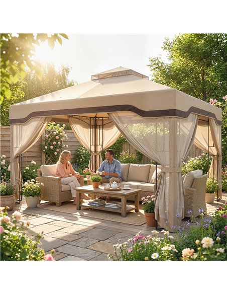 Outsunny 3 x 3.6 m Outdoor Garden Gazebo with Post Shelves, UPF50+ Patio Permanent Pavilion with Hook, Khaki - pic 186232 | FastDaddyshop