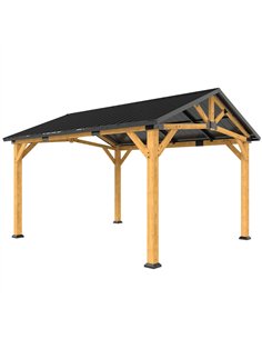 Outsunny 3.5 x 4 m Hardtop Gazebo Canopy with Galvanised Metal Roof, Fir Wood Frame and Hook for Patio, Garden, Black Grey