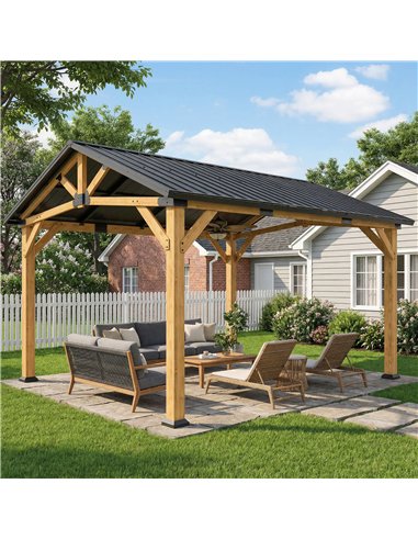 Outsunny 3.5 x 4 m Hardtop Gazebo Canopy with Galvanised Metal Roof, Fir Wood Frame and Hook for Patio, Garden, Black Grey