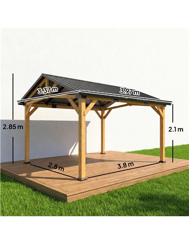 Outsunny 3.5 x 4 m Hardtop Gazebo Canopy with Galvanised Metal Roof, Fir Wood Frame and Hook for Patio, Garden, Black Grey