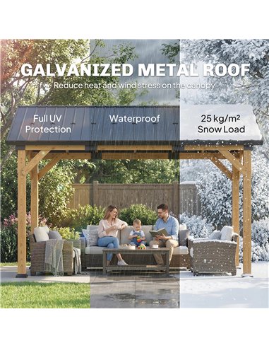 Outsunny 3.5 x 4 m Hardtop Gazebo Canopy with Galvanised Metal Roof, Fir Wood Frame and Hook for Patio, Garden, Black Grey