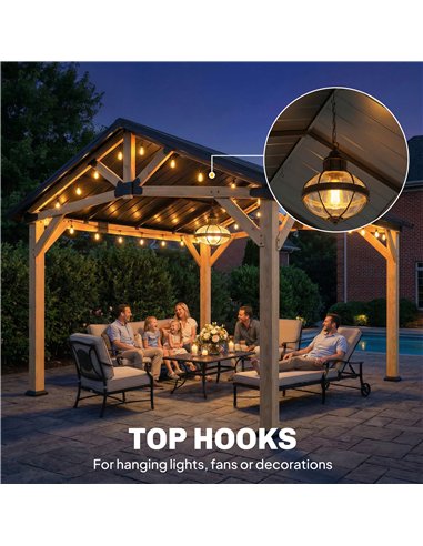 Outsunny 3.5 x 4 m Hardtop Gazebo Canopy with Galvanised Metal Roof, Fir Wood Frame and Hook for Patio, Garden, Black Grey