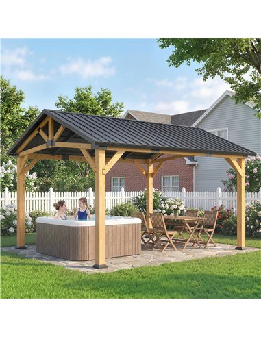 Outsunny 3.5 x 4 m Hardtop Gazebo Canopy with Galvanised Metal Roof, Fir Wood Frame and Hook for Patio, Garden, Black Grey