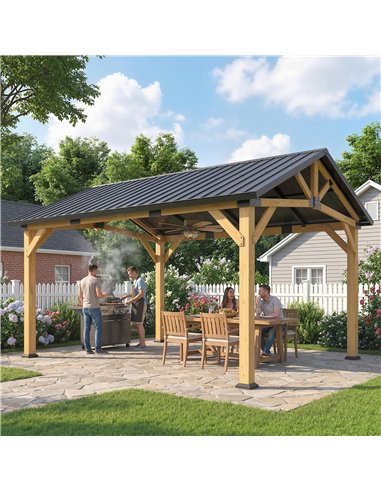 Outsunny 3.5 x 4 m Hardtop Gazebo Canopy with Galvanised Metal Roof, Fir Wood Frame and Hook for Patio, Garden, Black Grey
