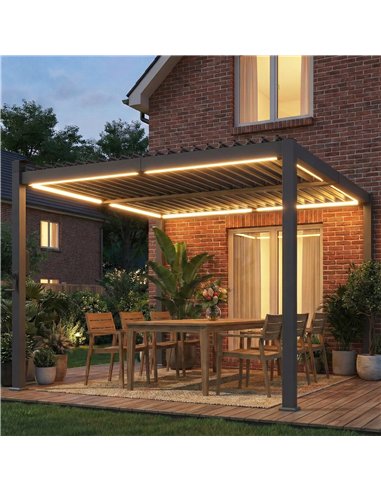 Outsunny 3 x 3 m Louvered Pergola with Solar LED lights, Metal Roof, Patio Gazebo Pergola Canopy with Drainage Gutters, Black