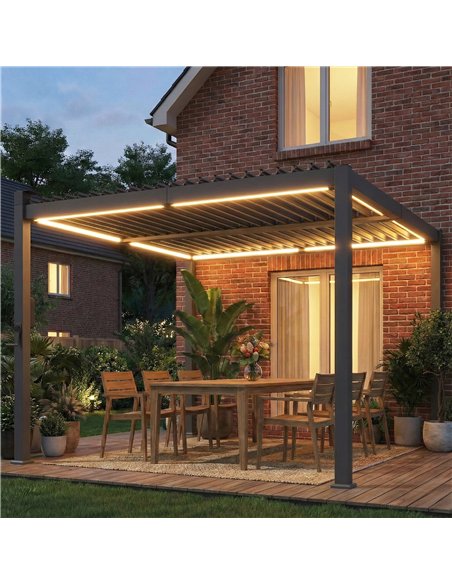 Outsunny 3 x 3 m Louvered Pergola with Solar LED lights, Metal Roof, Patio Gazebo Pergola Canopy with Drainage Gutters, Black - pic 186261 | FastDaddyshop