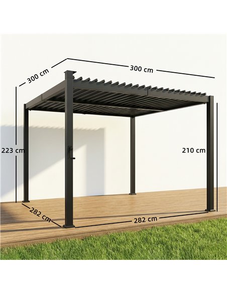 Outsunny 3 x 3 m Louvered Pergola with Solar LED lights, Metal Roof, Patio Gazebo Pergola Canopy with Drainage Gutters, Black - pic 186262 | FastDaddyshop