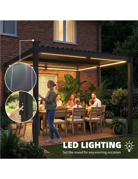 Outsunny 3 x 3 m Louvered Pergola with Solar LED lights, Metal Roof, Patio Gazebo Pergola Canopy with Drainage Gutters, Black - pic 186263 | FastDaddyshop